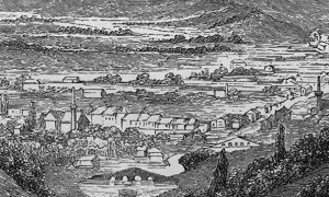 Isečak iz Kanicovog crteža Užica 1860. U prvom planu je most zv. Đulaića ćuprija, a sledi nizvodno stari kameni Kasapčića most