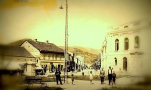 Centar staroga Užica: levo hotel Zlatibor, desno Okrug, pravo Glavna ulica prema Donjoj čaršiji