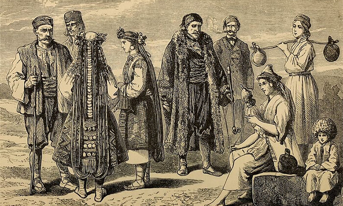 Crtež putopisca Slavinića izgleda stanovništva u Srbiji 1866.